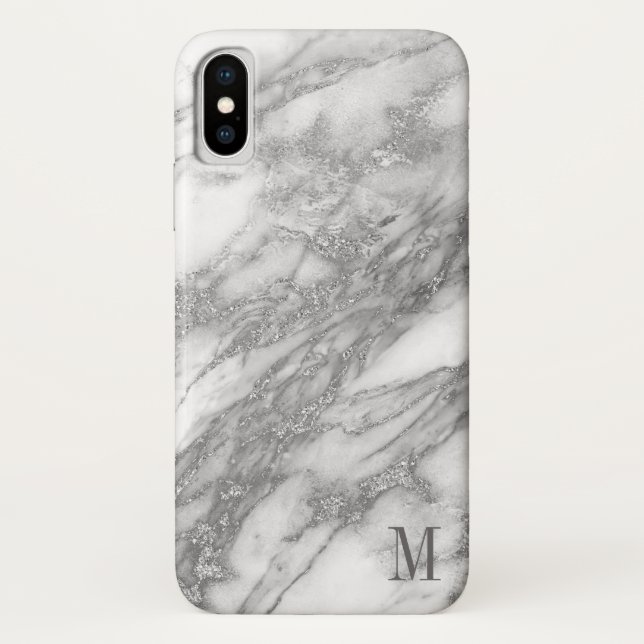 Funda De Case-Mate Para iPhone Mármol Blanco Y Gris Monogramado Y Plateado (Reverso)