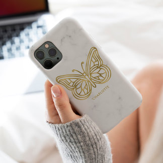 Funda Para iPhone 15 Pro Max Mármol blanco y mariposa geométrica de oro