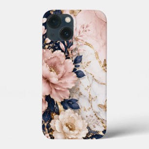 Funda Para iPhone 13 Mini Mármol Botánico Premium Azul Marino y Rosa