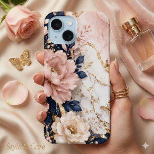 Funda Para iPhone 15 Mármol Botánico Premium Azul Marino y Rosa