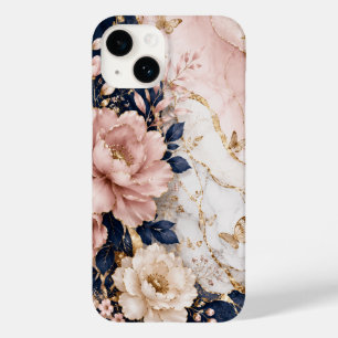 Funda Para iPhone 14 De Case-Mate Mármol Botánico Premium Azul Marino y Rosa