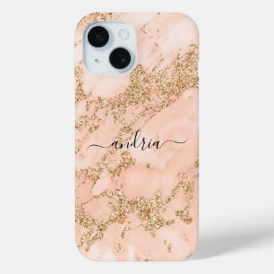 Funda Para iPhone 15 Mármol Brillo Rosa Dorado, Nombre en Letra Script