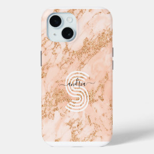 Funda Para iPhone 15 Mármol Brillo Rosa Dorado Nombre Personalizado Mon