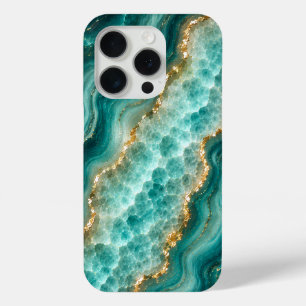 Funda Para iPhone 15 Pro Mármol de ágata turquesa de lujo con vetas de oro