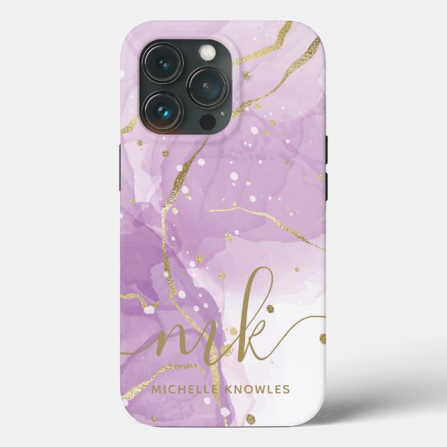 Funda De Case-Mate Para iPhone Mármol de Lavanda con Monograma y Nombre (Reverso )
