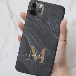 Funda Para iPhone 11 Pro Max Mármol de Monograma Negro, Blanco y Oro Moderno