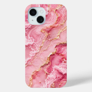 Funda Para iPhone 15 Mármol de Océano Rosa de Lujo con Venas Doradas