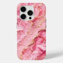 Funda Para iPhone 15 Pro Mármol de Océano Rosa de Lujo con Venas Doradas