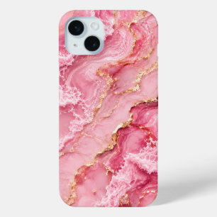 Funda Para iPhone 15 Mini Mármol de Océano Rosa de Lujo con Venas Doradas