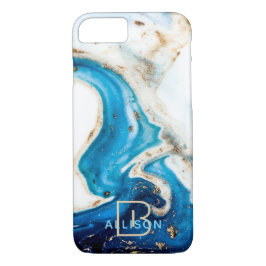 Funda Para iPhone 8/7 Mármol de oro blanco azul Resumen Monograma de art