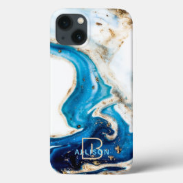 Funda Para iPhone 13 Mármol de oro blanco azul Resumen Monograma de art