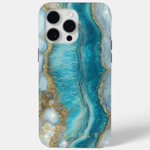 Funda Para iPhone 15 Pro Max Mármol de oro turquesa moderno y elegante