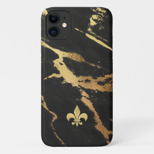 Funda Para iPhone 11 Mármol dorado negro con flores de lis