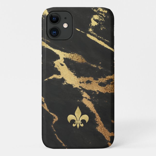Funda De Case-Mate Para iPhone Mármol dorado negro con flores de lis (Reverso)