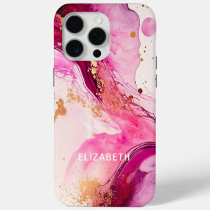 Funda Para iPhone 15 Pro Max mármol dorado rosa brillo nombre personalizado