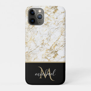 Funda Para iPhone 11 Pro Mármol dorado y blanco con lujoso monograma negro