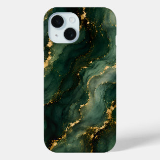 Funda Para iPhone 15 Mármol Esmeralda de Lujo con Venas de Oro