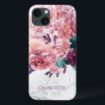 Funda Para iPhone 13 Mármol floral de color rosa rosado romántico<br><div class="desc">Estuche de teléfono personalizado de color rosa rosado romántico de mármol floral con flores de moda delicada en tonos rosa,  ciruela y verde. ¡Añada su nombre al personalizar de la apariencia!</div>