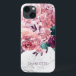 Funda Para iPhone 13 Mármol floral de color rosa rosado romántico<br><div class="desc">Estuche de teléfono personalizado de color rosa rosado romántico de mármol floral con flores de moda delicada en tonos rosa,  ciruela y verde. ¡Añada su nombre al personalizar de la apariencia!</div>