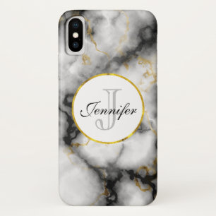 Funda Para iPhone X Mármol gris blanco moderno con monograma de cinta