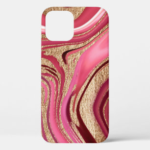 Funda Para iPhone 12 Mármol líquido rosa abstracto con oro purpurina