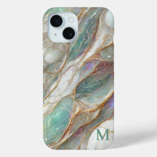 Funda Para iPhone 15 Mármol Monograma Madreperla Venas Doradas Lujo