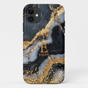 Funda Para iPhone 11 Mármol negro chic monograma de brillo dorado