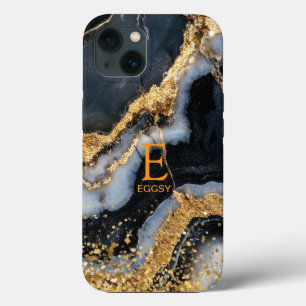 Funda Para iPhone 13 Mármol negro chic monograma de purpurina dorada