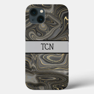 Funda Para iPhone 13 Mármol negro gris oro Monograma Estratos de Ágata