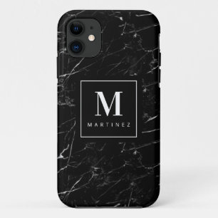 Funda Para iPhone 11 Mármol negro monograma personalizado