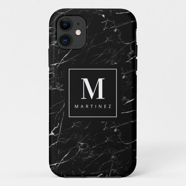 Funda De Case-Mate Para iPhone Mármol negro monograma personalizado (Reverso)