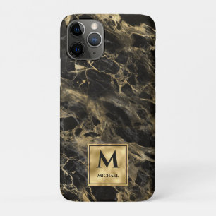 Funda Para iPhone 11 Pro Mármol negro y dorado Monograma Elegante Lujo