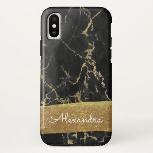 Funda Para iPhone XS Mármol negro y oro con Relieve metalizado dorado y