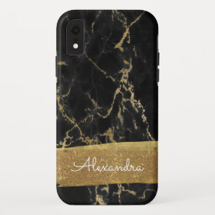 Funda Para iPhone XR Mármol negro y oro con Relieve metalizado dorado y