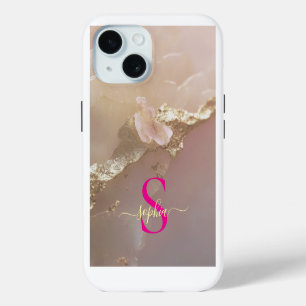 Funda Para iPhone 15 Mármol oro rosa oro brillo monograma