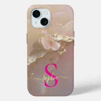 Funda Para iPhone 15 Mármol oro rosa oro brillo monograma