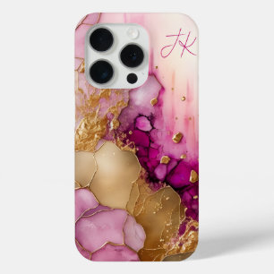 Funda Para iPhone 15 Pro Mármol Personalizado con Monograma de Color Rosa, 