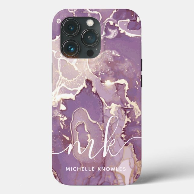 Funda De Case-Mate Para iPhone Mármol púrpura de Lilac con monograma y nombre (Reverso )