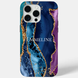 Funda Para iPhone 15 Pro Max Mármol Purpurina de oro azul turquesa