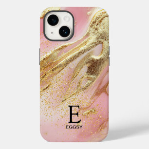 Funda Para iPhone 14 De Case-Mate Mármol rosa chic monograma de brillo dorado