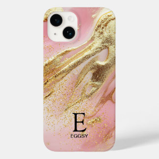 Funda Para iPhone 14 De Case-Mate Mármol rosa chic monograma de brillo dorado