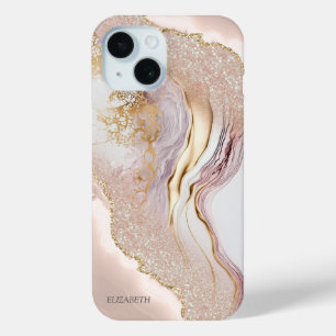 Funda Para iPhone 15 Mármol Rosa con Brillo Dorado