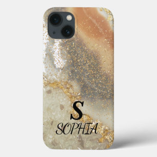 Funda Para iPhone 13 Mármol rosa elegante monograma con brillo dorado