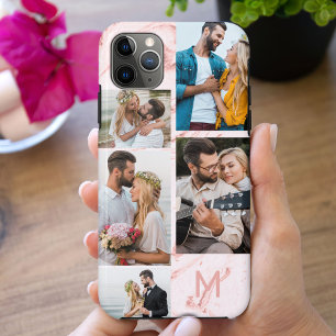 Funda Para iPhone 11 Pro Max Mármol rosa monogramado 5 Collage de fotos