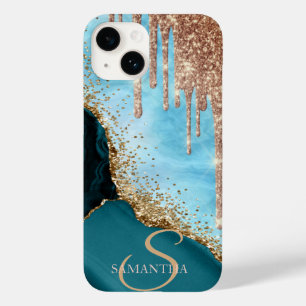 Funda Para iPhone 14 De Case-Mate Mármol turquesa con brillo dorado y gotas de brill