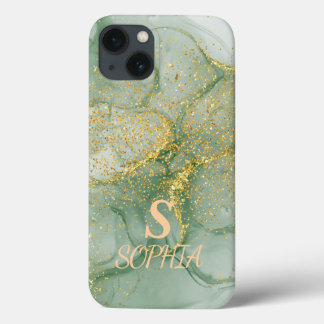Funda Para iPhone 13 Mármol verde chic monograma con brillo dorado
