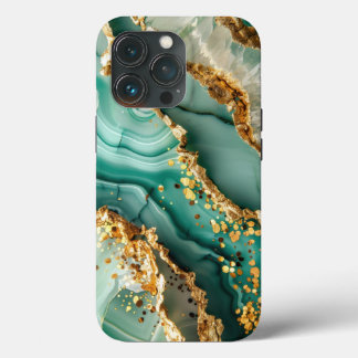 Funda Para iPhone 13 Pro Mármol Verde y Dorado Elegante