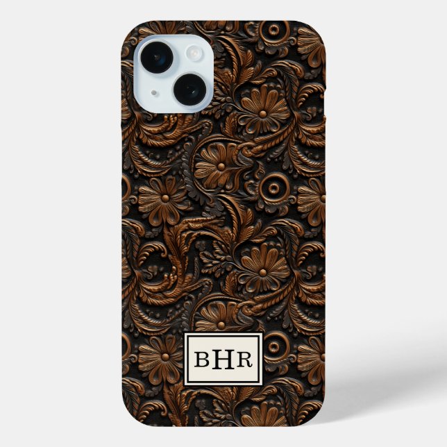Funda De Case-Mate Para iPhone Marrón Antiguo Cuero Grabado Monogramado (Reverso )