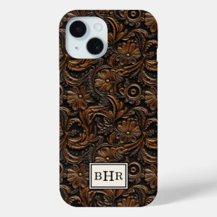Funda Para iPhone 15 Marrón Antiguo Cuero Grabado Monogramado