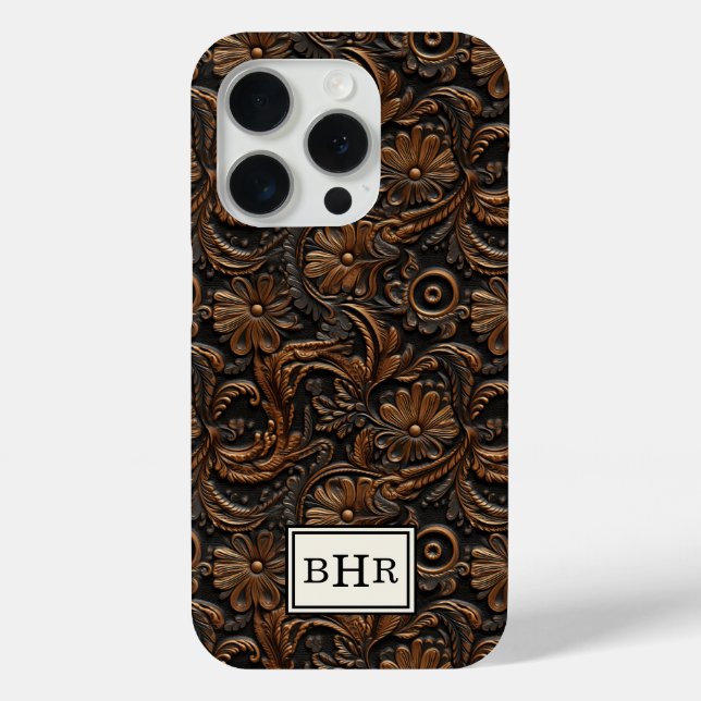 Funda De Case-Mate Para iPhone Marrón Antiguo Cuero Grabado Monogramado (Reverso )